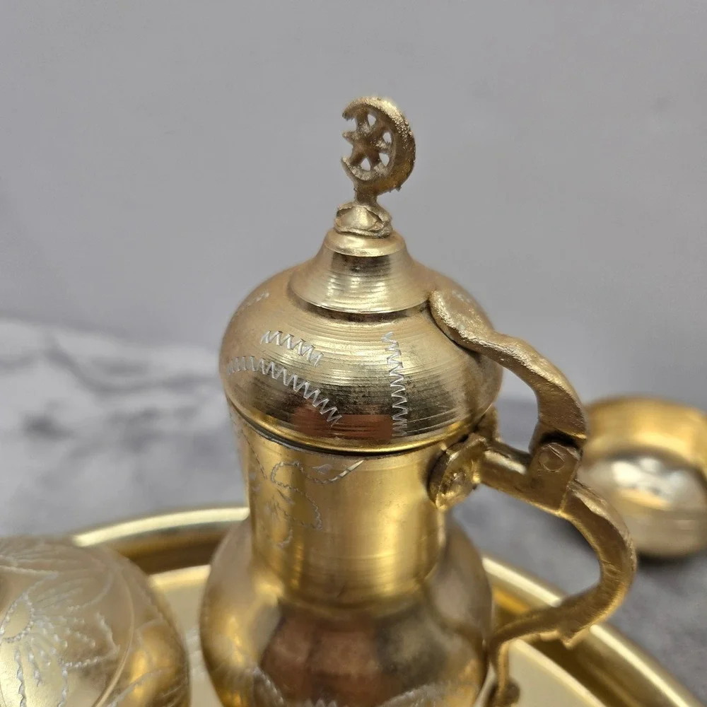 Vintage Zlatar Sarajevo Brass Coffee Set‎ Etched Tray Dzezva Sugar Bowl 5 Cups